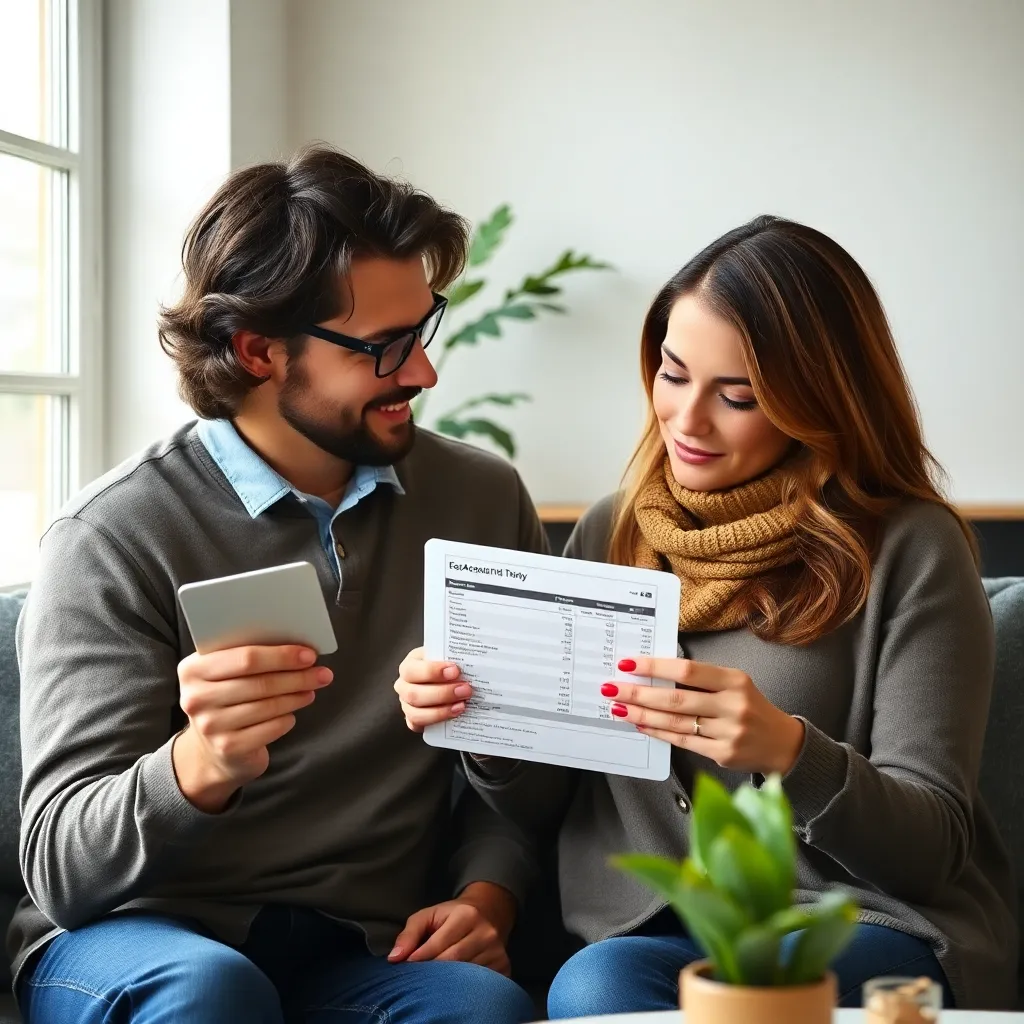 Nederlands stel dat samen hun financiën bespreekt terwijl ze koffie drinken in hun woonkamer