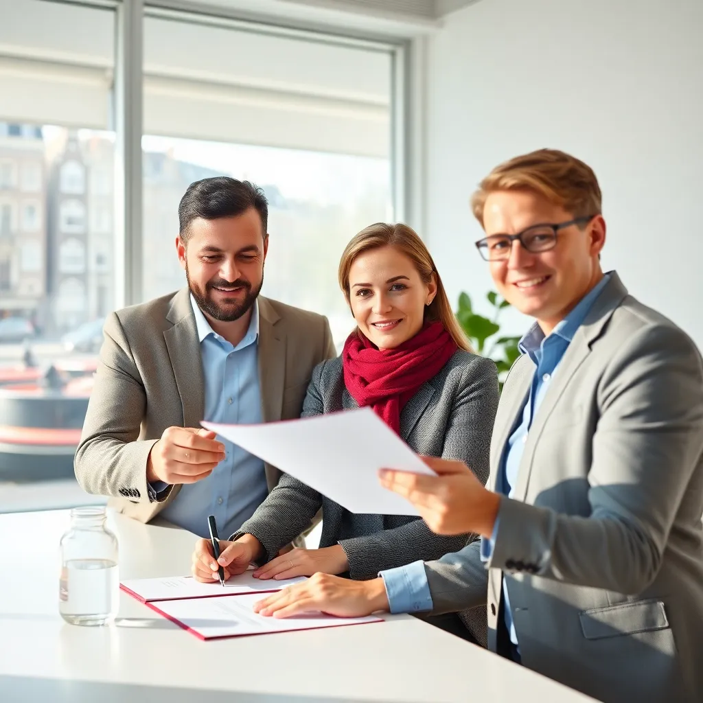 Paar dat een huizencontract ondertekent met makelaar