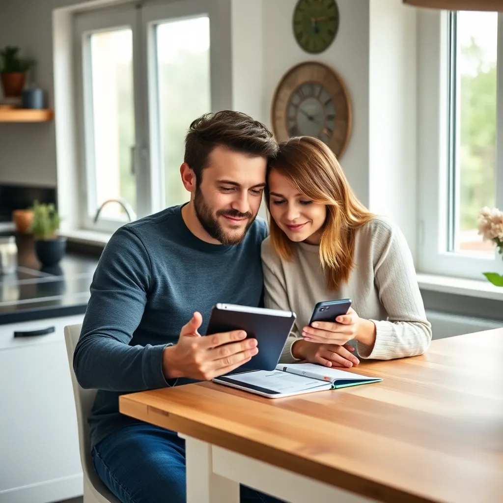 Nederlands stel bekijkt samen hun financiën op tablet en smartphone