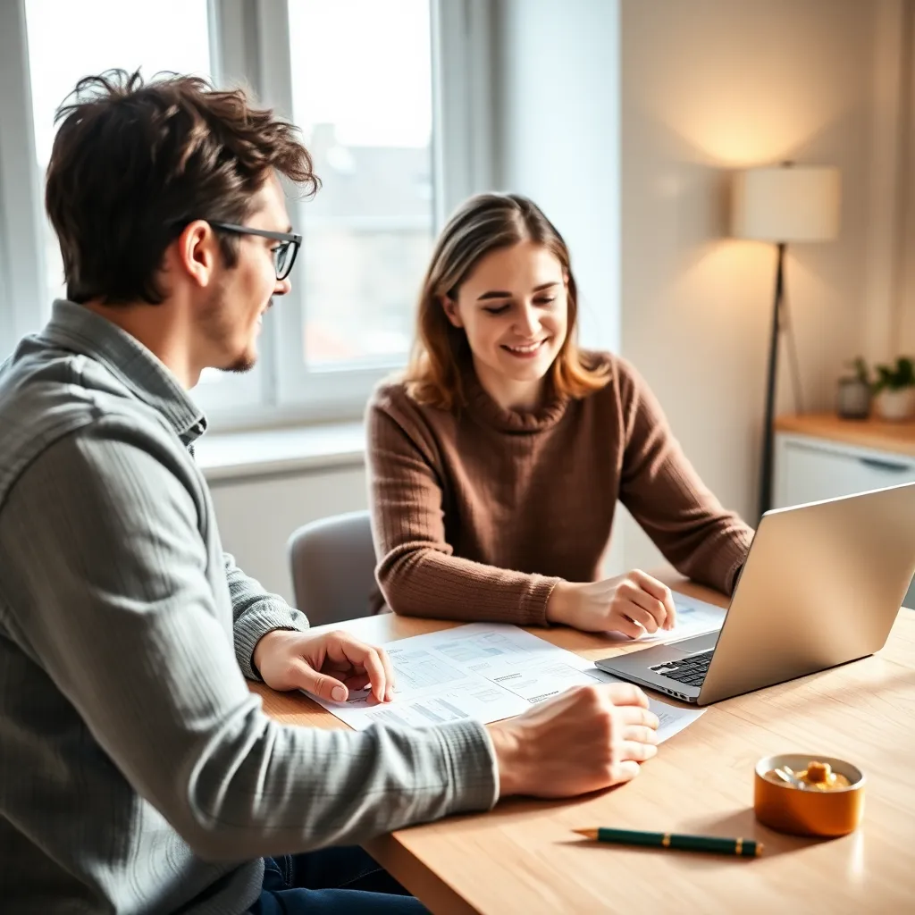 Een stel dat samen thuis hun financiën bespreekt met laptop