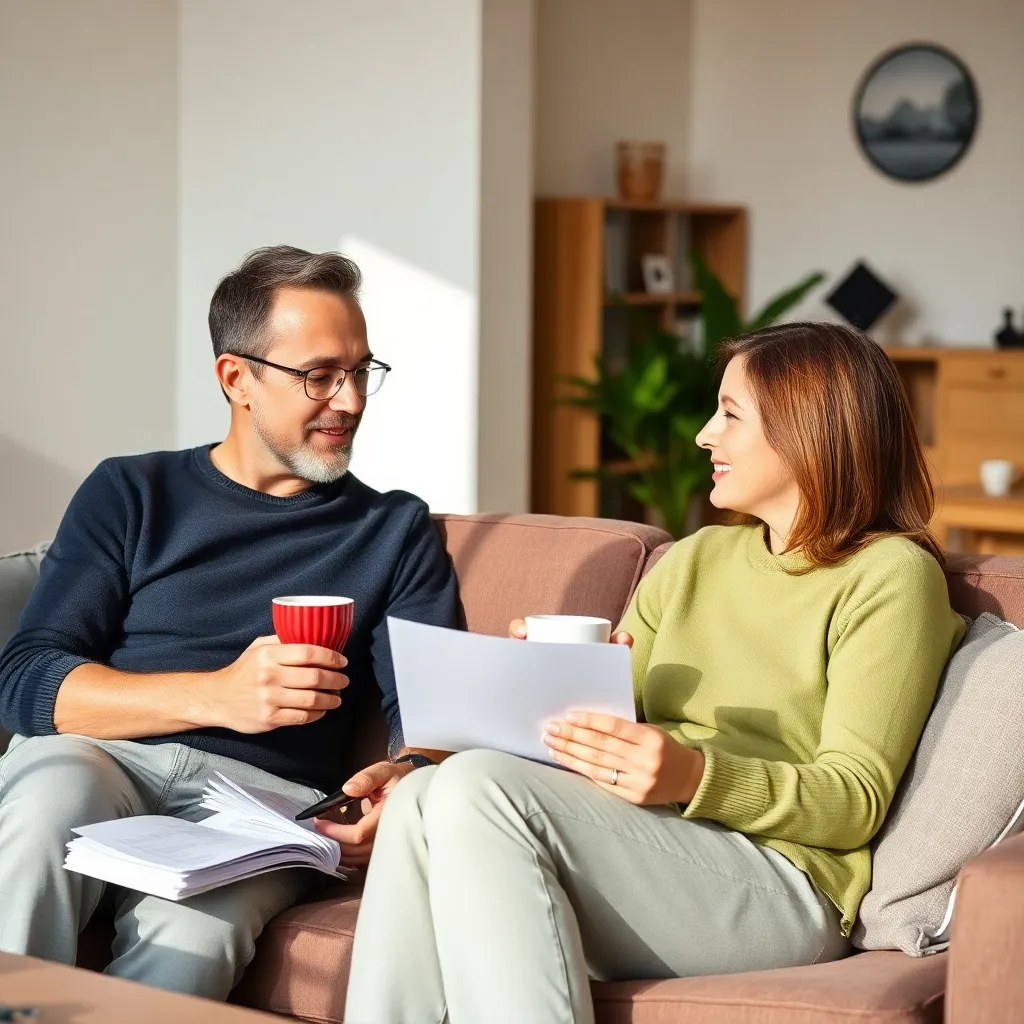 Stel zit ontspannen op de bank met financiële papieren en koffie